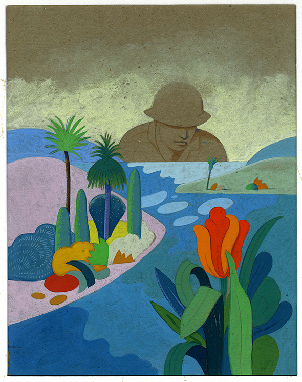 solider overlooking colorful landscape